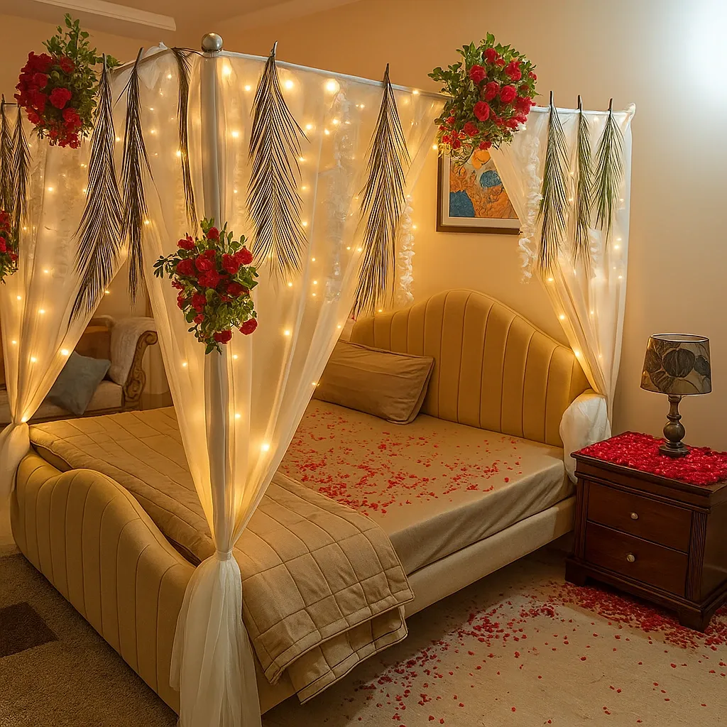 Fairy Lights & Floral Canopy Wedding Room Decoration
