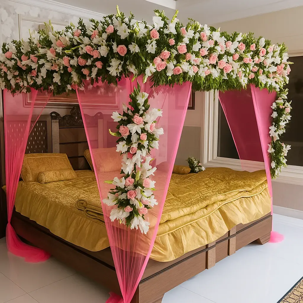 Pastel Pink Canopy Wedding Room Decoration – Gold Bed Setup