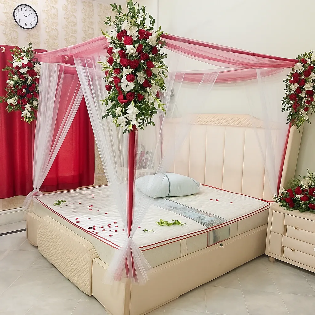 Red & White Canopy Wedding Room Decoration – Simple & Elegant