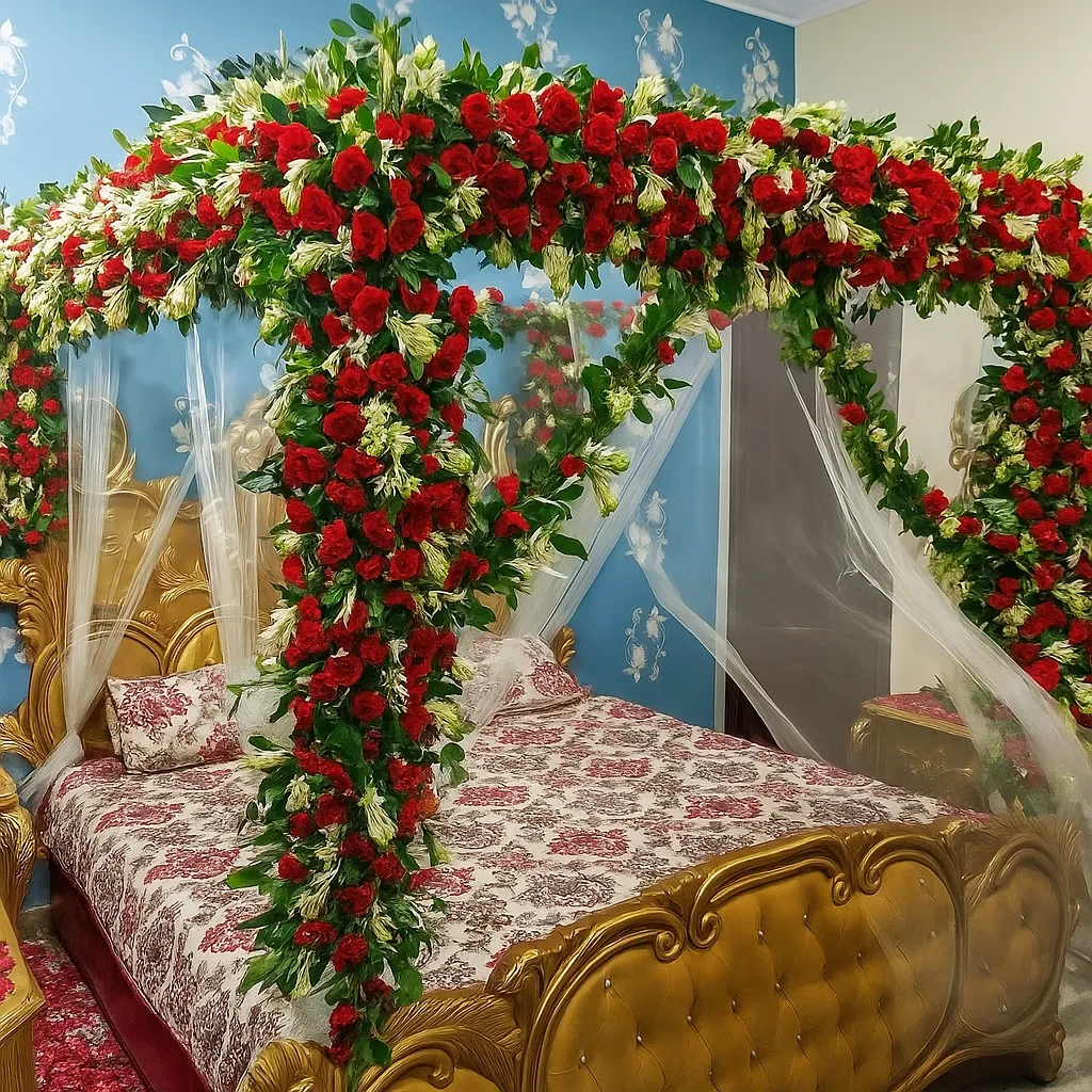 Royal Red & White Full Canopy Wedding Room Decoration
