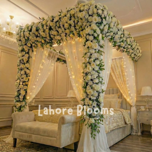 Signature All-White Rose Canopy Bridal Room Decoration – Luxury Curtains & Warm Lights (Lahore)