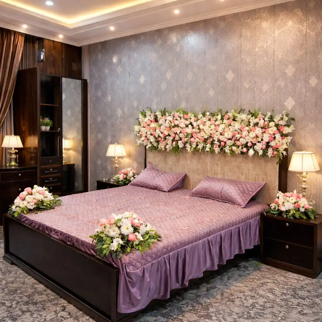Simple White & Pink Masehri Design in Lahore (Soft Floral Bed Setup)