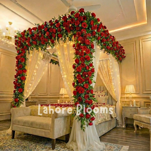 Ultra Premium Full Red Roses Canopy Bridal Room Decoration – Curtains & Fairy Lights (Lahore)